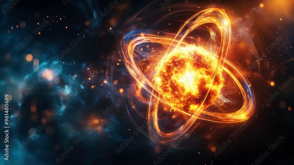 Obraz premium Fusion and fission processes within the atomic nucleus, visualizing energy release and particle interactions