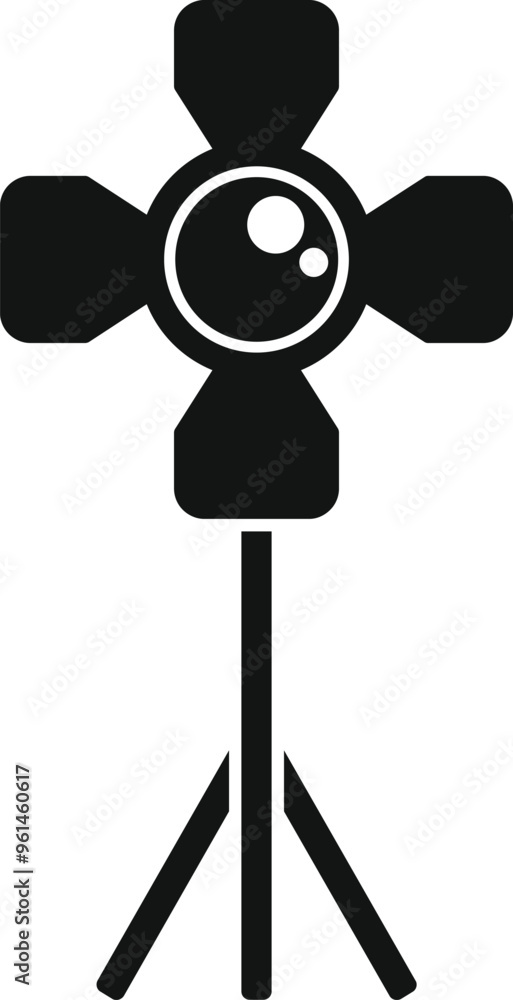 Obraz premium Studio spotlight standing on tripod illuminating with bright light beam, simple black icon