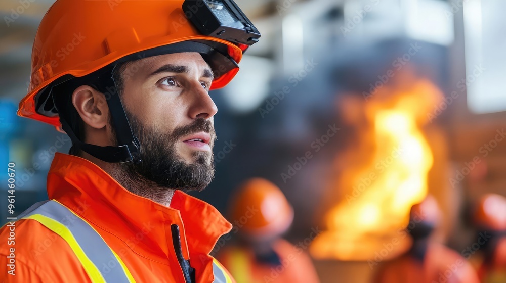 Focused worker in safety gear observes fire hazard, emphasizing industrial safety and emergency response preparedness. Focused worker in safety gear observes fire hazard, emphasizing industrial safety and emergency response preparedness.
