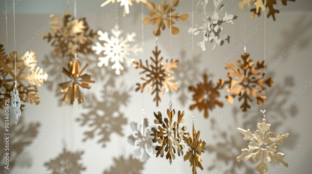 Elegant Hanging Gold and Silver Snowflakes Decoration for Festive Holiday and Winter Celebrations Elegant Hanging Gold and Silver Snowflakes Decoration for Festive Holiday and Winter Celebrations