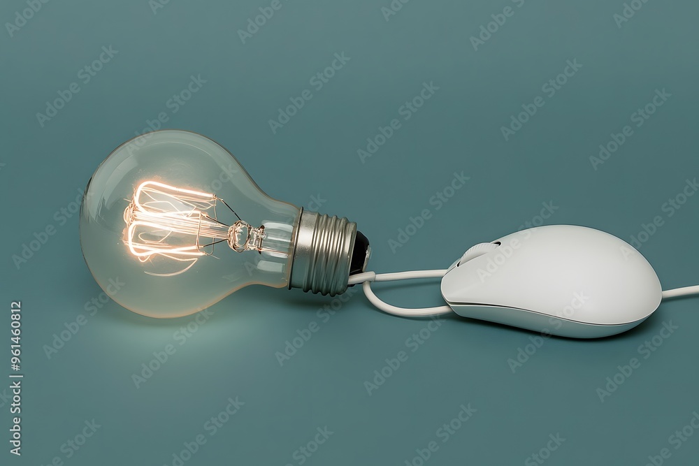 A Lit Lightbulb Connected to a Computer Mouse by a Cord A Lit Lightbulb Connected to a Computer Mouse by a Cord