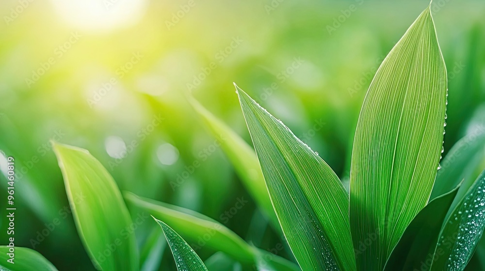 Fresh green leaves adorned with dew, basking in soft sunlight, evoking a sense of vitality and harmony in nature. Fresh green leaves adorned with dew, basking in soft sunlight, evoking a sense of vitality and harmony in nature.
