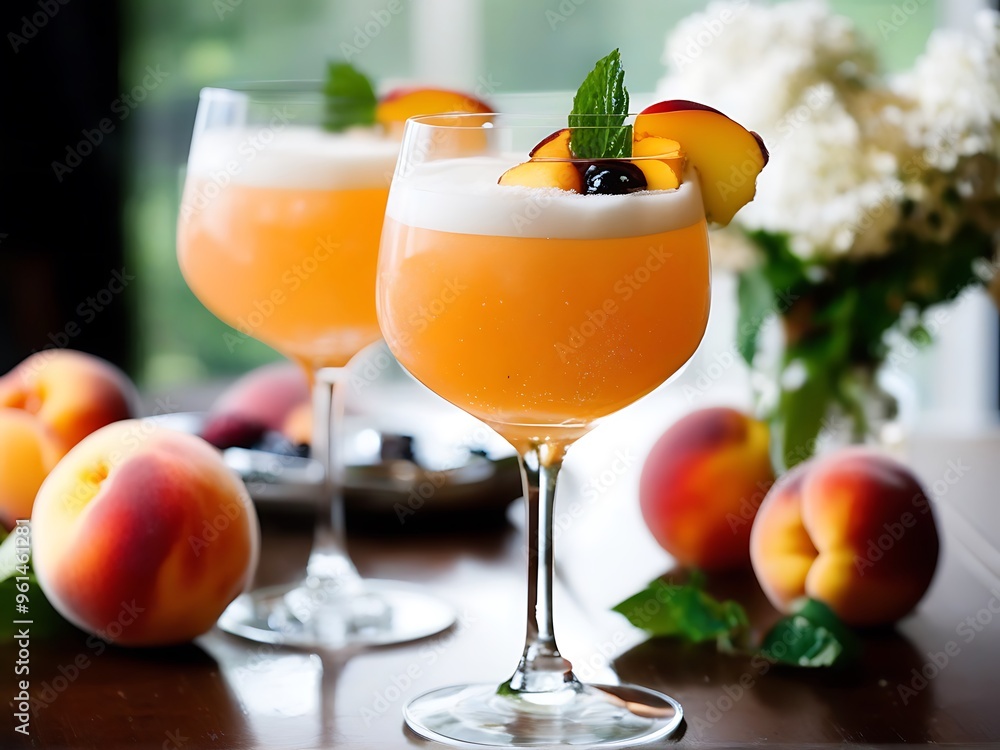 refreshing sparkling peach bellini garnished with peach slices refreshing sparkling peach bellini garnished with peach slices