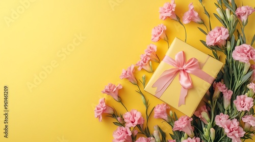 Pink Flowers and a Yellow Gift Box on Yellow Background
