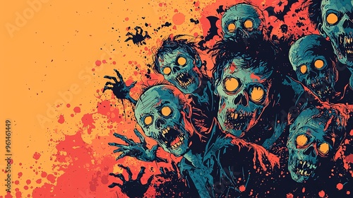 A cluster of zombies with glowing eyes reach out in the foreground, their expressions terrifyingly fearful, set against a splattered orange background in vivid detail. photo