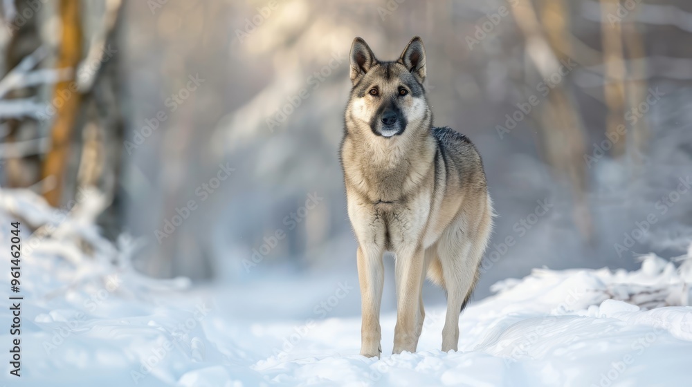 Naklejka premium A wolf, situated in a snow-laden forest, gazes at the camera with solemnity