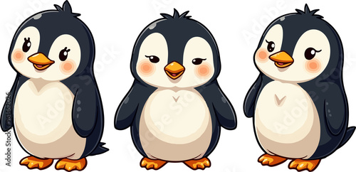 set of cartoon penguin, isolated on white background , transparent vector style flat color png image 