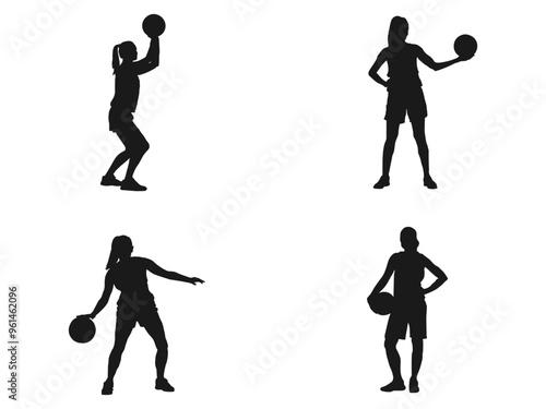 WoMan basketball player, people playing basketball silhouette. Group of different basketball players in different playing positions. Vector set of Basketball players. isolated on white background.