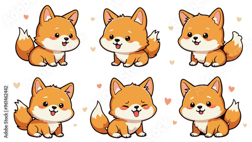 set of cartoon corgi , isolated on white background , transparent vector style flat color png image 