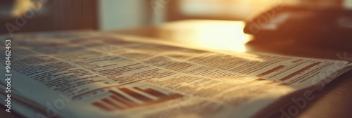 A close-up shot of a financial newspaper with headlines and articles. The newspaper is lying on a table, with sunlight illuminating the page and a blurry background. The image represents news, informa