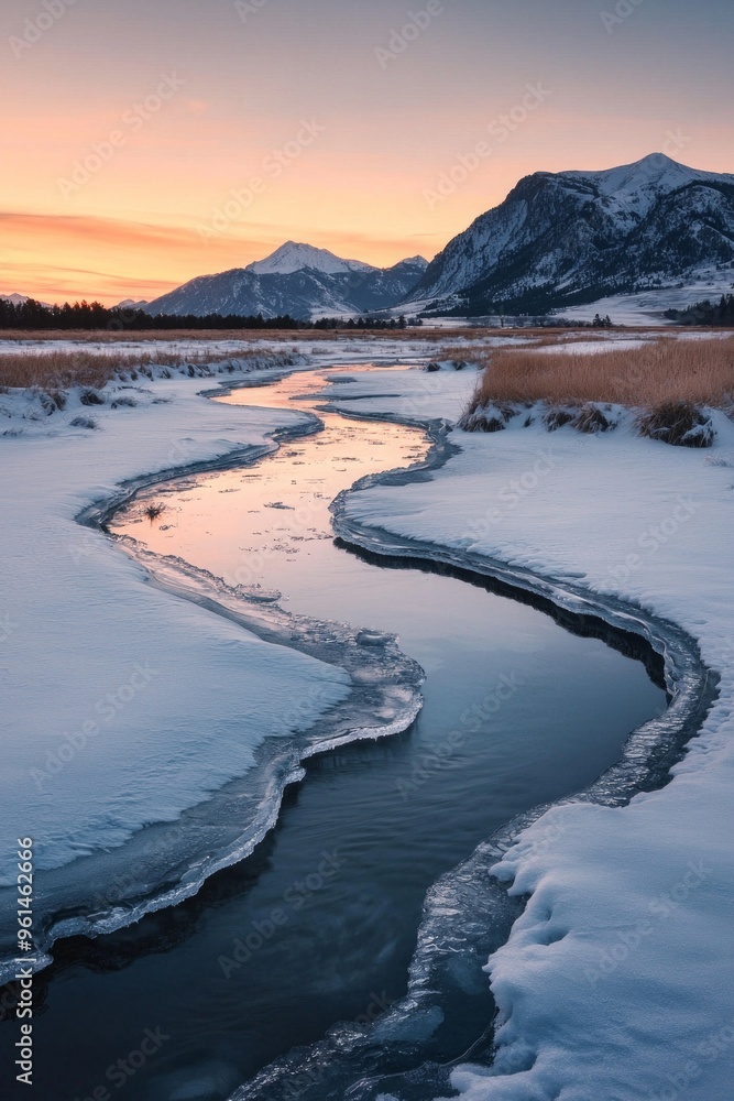 a half-frozen icy river leading to mountains at the far end a half-frozen icy river leading to mountains at the far end