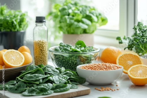 well-organized kitchen countertop featuring foods rich in folic acid, such as spinach, kale, lentils, and citrus fruits. Include a bottle of folic acid supplements for  comprehensive representation photo