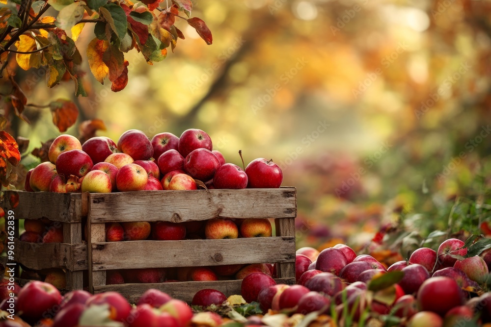 organic red apple orchard during harvest season.ripe fruit being picked from trees, apples in wooden crates, others still on branches. vibrant colors of apples against autumn foliage, cottage core organic red apple orchard during harvest season.ripe fruit being picked from trees, apples in wooden crates, others still on branches. vibrant colors of apples against autumn foliage, cottage core