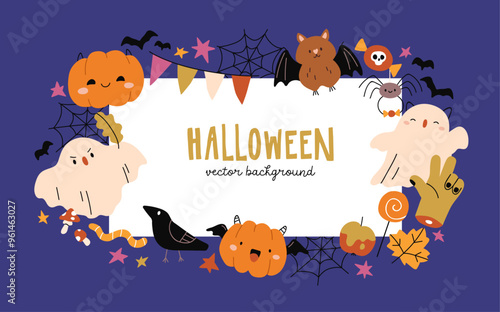 Halloween, autumn card design, background. Cute funny pumpkins, ghosts, bats ...