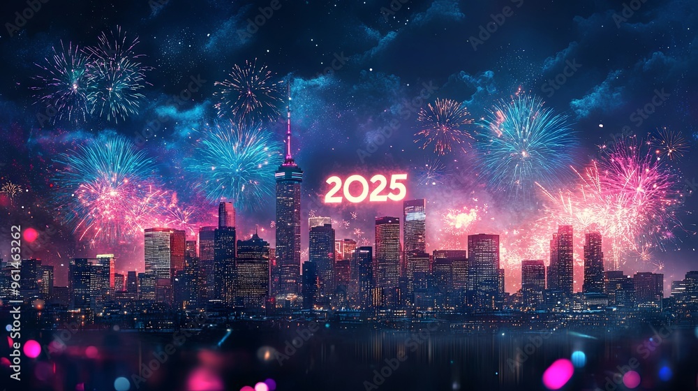 Fototapeta premium Cityscape Fireworks New Year s Eve 2025 Celebration