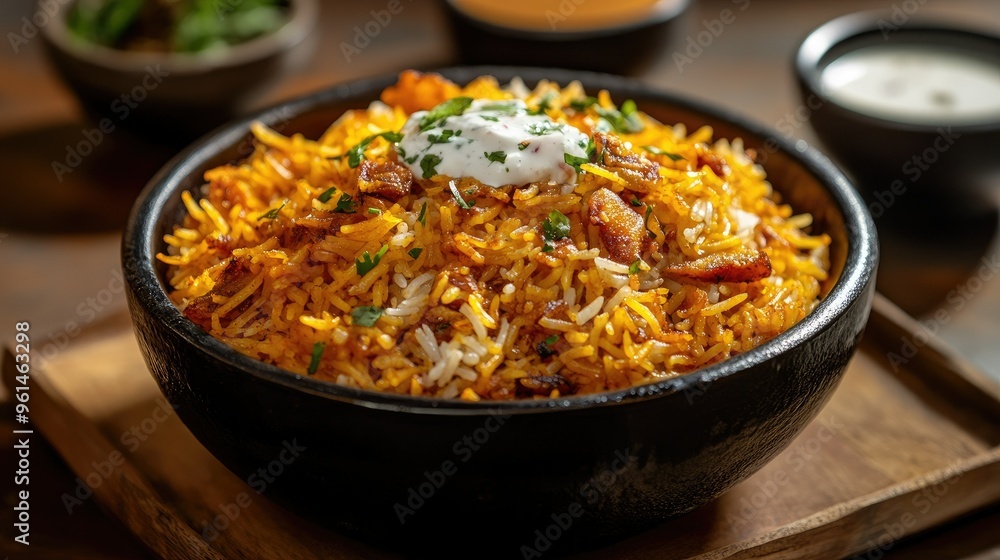 Chicken Biryani garnished with fried onions, served with raita. Copy space available Chicken Biryani garnished with fried onions, served with raita. Copy space available