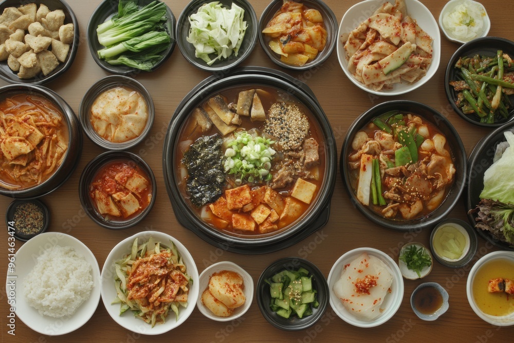 traditional Korean cuisine food dishes feast served on the table, overhead flat lay view from above traditional Korean cuisine food dishes feast served on the table, overhead flat lay view from above