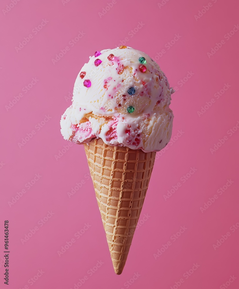 single Ice Cream Cone, with a delicious looking single ice cream scoop, with real gems toppings, against a flat and solid colored continuos matte background single Ice Cream Cone, with a delicious looking single ice cream scoop, with real gems toppings, against a flat and solid colored continuos matte background