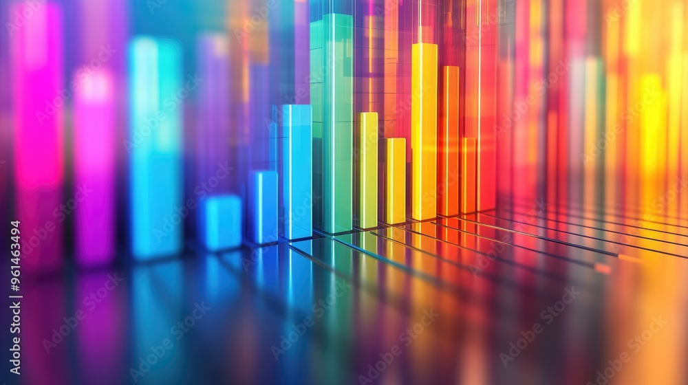 Abstract 3D bar graph with gradient colors, emerging from a reflective surface. Dynamic visualization of data trends in modern business Abstract 3D bar graph with gradient colors, emerging from a reflective surface. Dynamic visualization of data trends in modern business