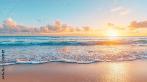 A tranquil beach scene at sunrise, with gentle waves lapping at the shore and golden light shining over the sand and ocean, showcasing the serene beauty of the natural landscape.