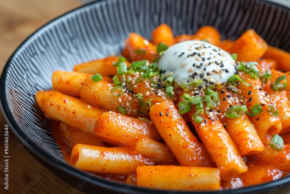 Tteokbokki Korean fusion cuisine dish served at restaurant. Beloved spicy street food snack. Tteokbokki Korean fusion cuisine dish served at restaurant. Beloved spicy street food snack.