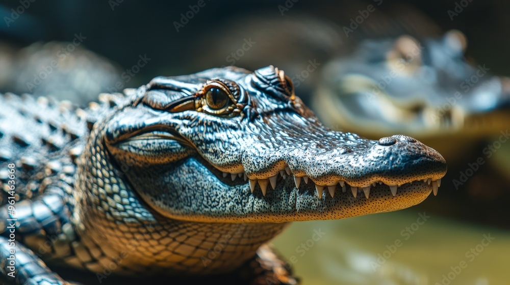Obraz premium A close-up shot of an alligator's head, showcasing its sharp teeth and powerful jaw. The alligator's scales and eyes are visible, giving a sense of its predatory nature. This image represents the wild