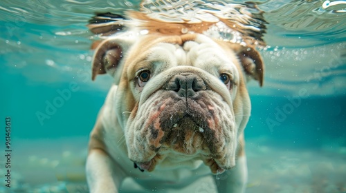  A tight shot of a dog's head above water, gazing at the camera while swimming