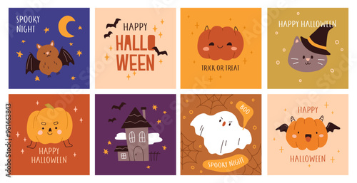 Cute funny Halloween cards, square designs set. October holiday, festive haunted pumpkins, cat in witch hat, comic ghost, bat for happy Trick or Treat. Kids childish flat vector illustration