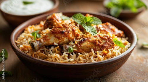 Chicken Biryani garnished with mint leaves and served with raita. Copy space available.