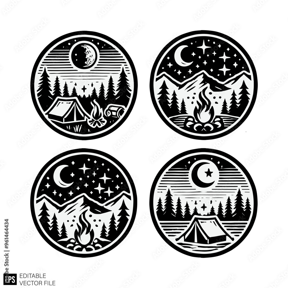 Naklejka premium mountain scene illustration graphic design black and white vector clip art silhouette