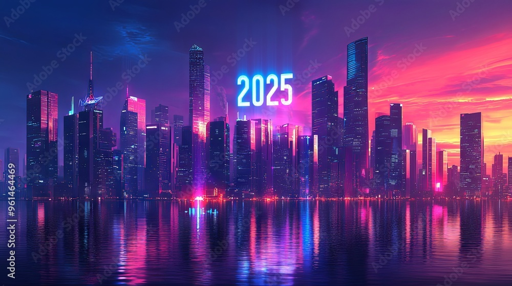 Fototapeta premium Neon Cityscape 2025 New Year s Eve Celebration