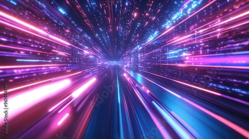 A dynamic 3D render of neon lights moving at high speed, creating a vibrant and futuristic technology background with a sense of motion and energy.