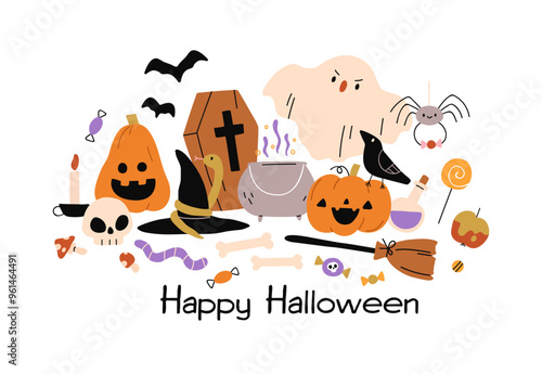 Happy Halloween card design with funny spooky characters. Cute pumpkin, ghost, festive Helloween postcard. Autumn October holiday, Trick or Treat. Flat vector illustration isolated on white background