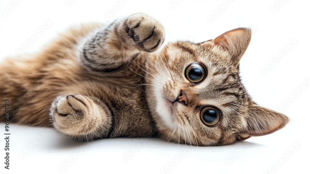 Fototapeta premium Adorable chubby cat lying on its back, playful eyes staring up, and reaching out with its paw as if asking for attention.