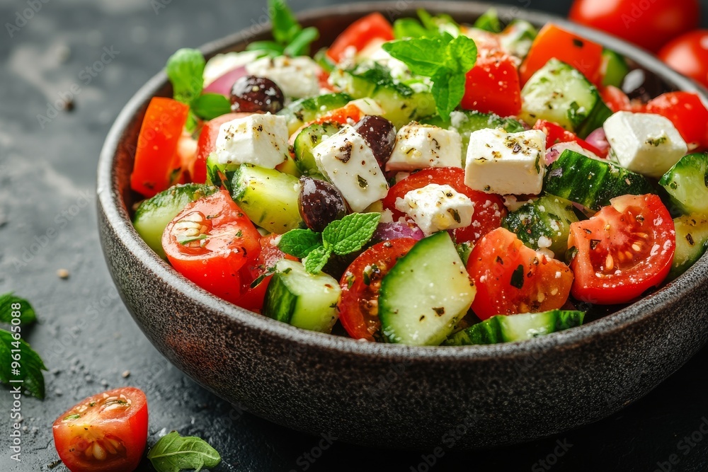 greek salad on a bright concrete board greek salad on a bright concrete board