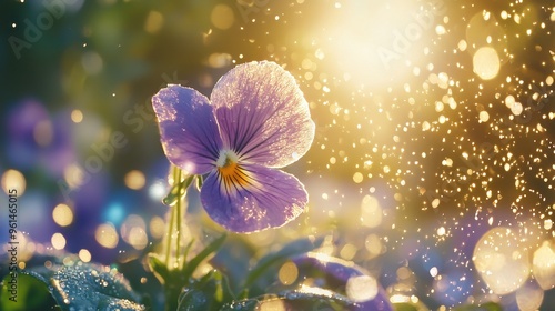 Purple Pansy Flower with Golden Bokeh and Raindrops in Sunlight