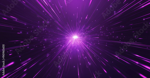 Abstract explosion of purple light rays and glowing particles in space, creating a dynamic and futuristic effect. High quality photo