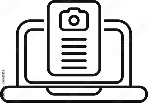 This minimalist line icon represents a laptop displaying a photography website, featuring a prominent camera icon and text lines, symbolizing online photography resources and services
