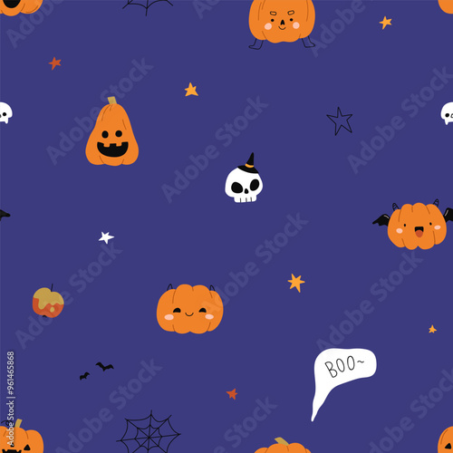 Cute funny Halloween pattern with pumpkins. Seamless autumn background, Octob...