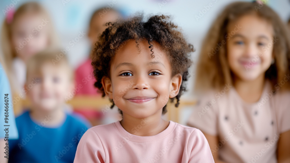 Group of diverse children smiling in a classroom setting, having a fun and happy time together during a school day, showing joy and friendship. Group of diverse children smiling in a classroom setting, having a fun and happy time together during a school day, showing joy and friendship.