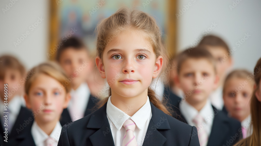 Group of young students in formal uniform standing together, with one girl prominently in focus at the front.