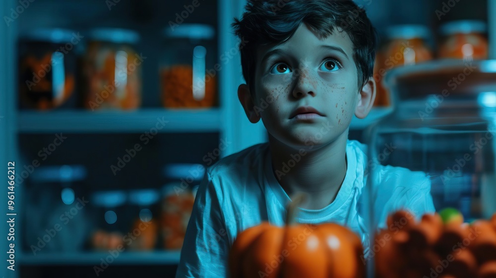 Kid in a haunted house with Halloween treats, dark and eerie night, editorial photography, empty space for text on side Kid in a haunted house with Halloween treats, dark and eerie night, editorial photography, empty space for text on side