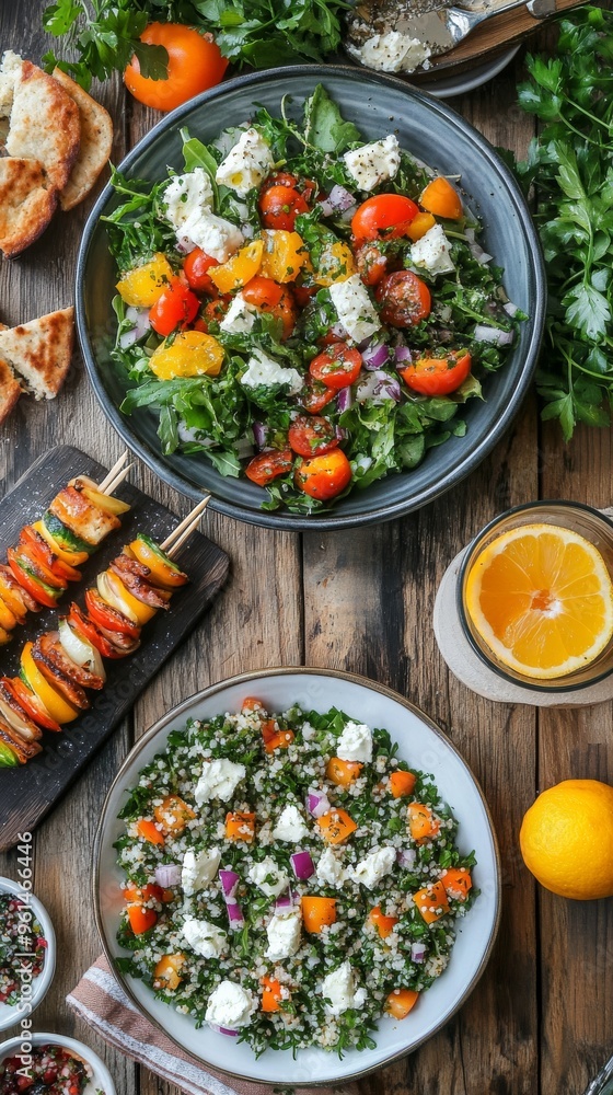 italian tortis and spring salad and Citrus Tabbouleh and Skewers and Mozzarella di Buffala on a wooden table italian tortis and spring salad and Citrus Tabbouleh and Skewers and Mozzarella di Buffala on a wooden table