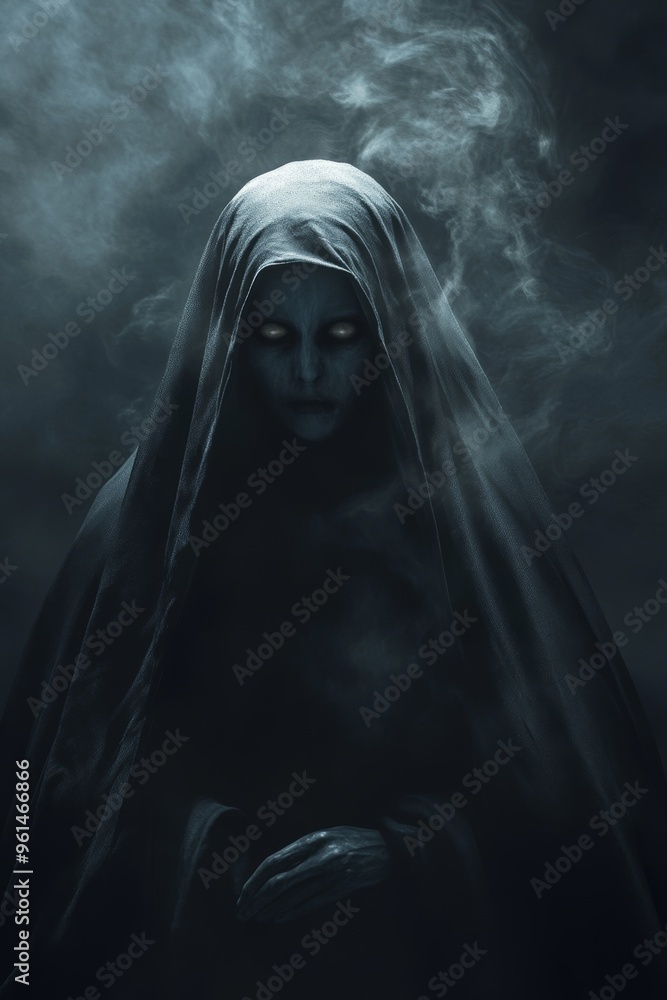 A nun in a black robe possessed by a demon. Eerie atmosphere A nun in a black robe possessed by a demon. Eerie atmosphere