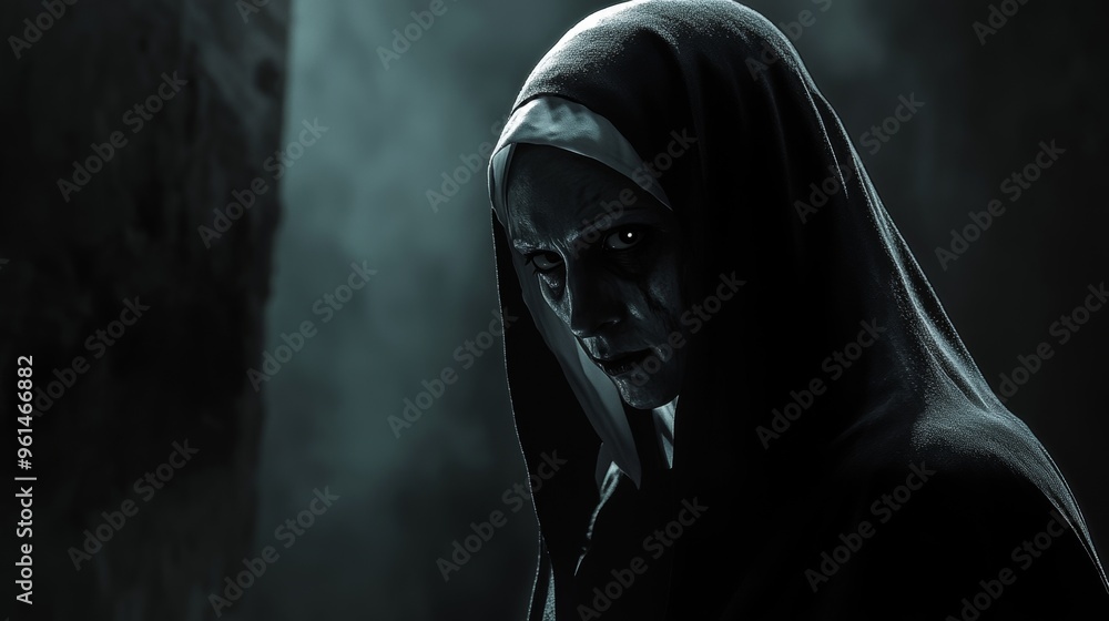 A nun in a black robe possessed by a demon. Eerie atmosphere A nun in a black robe possessed by a demon. Eerie atmosphere