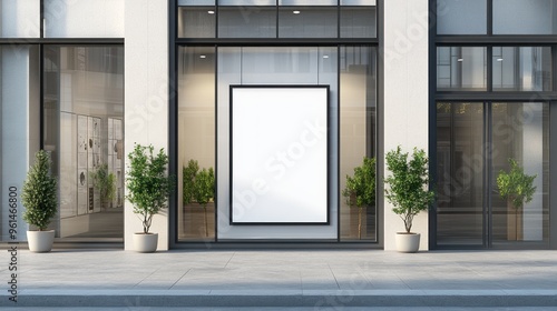 Building exterior of office or shop with white mock up poster hanging in the window. AI generated