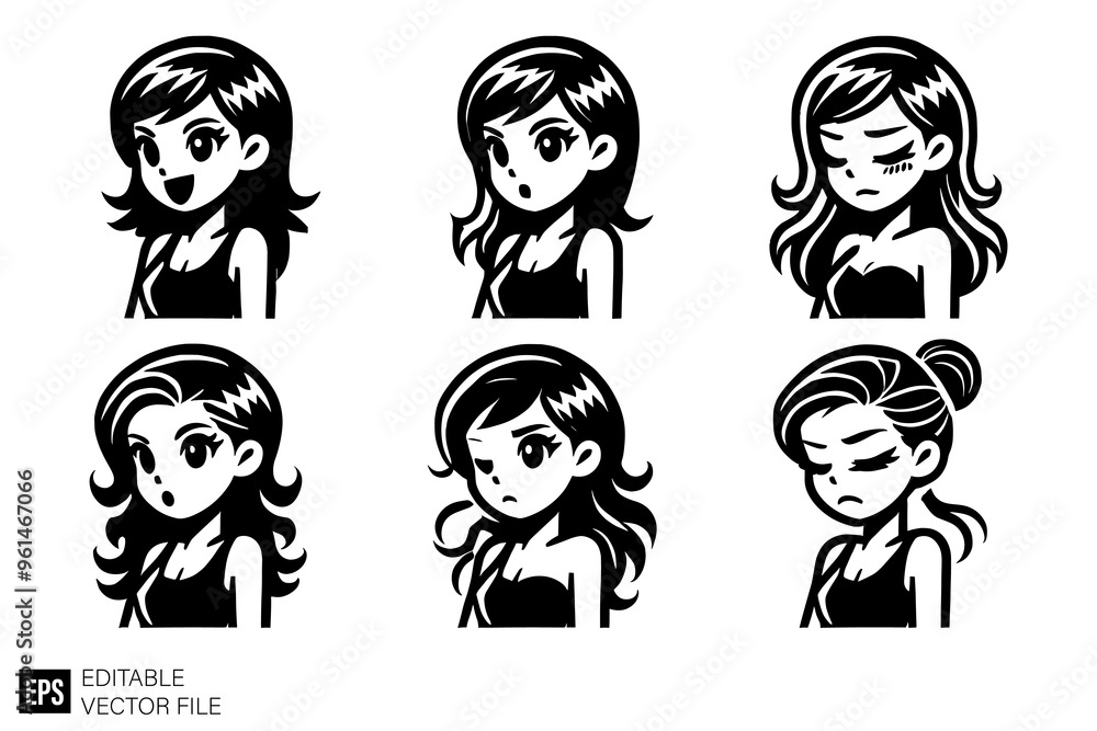 set of girls cartoon illustration graphic design black and white vector clip art silhouette set of girls cartoon illustration graphic design black and white vector clip art silhouette