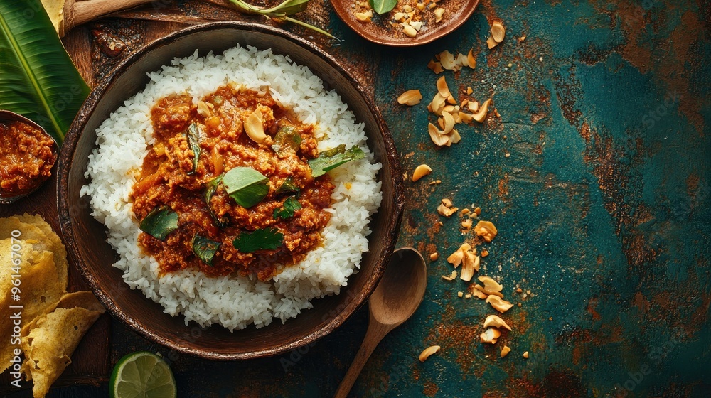 Coconut sambol served with string hoppers and curry, a Sri Lankan breakfast dish. Copy space available. Coconut sambol served with string hoppers and curry, a Sri Lankan breakfast dish. Copy space available.