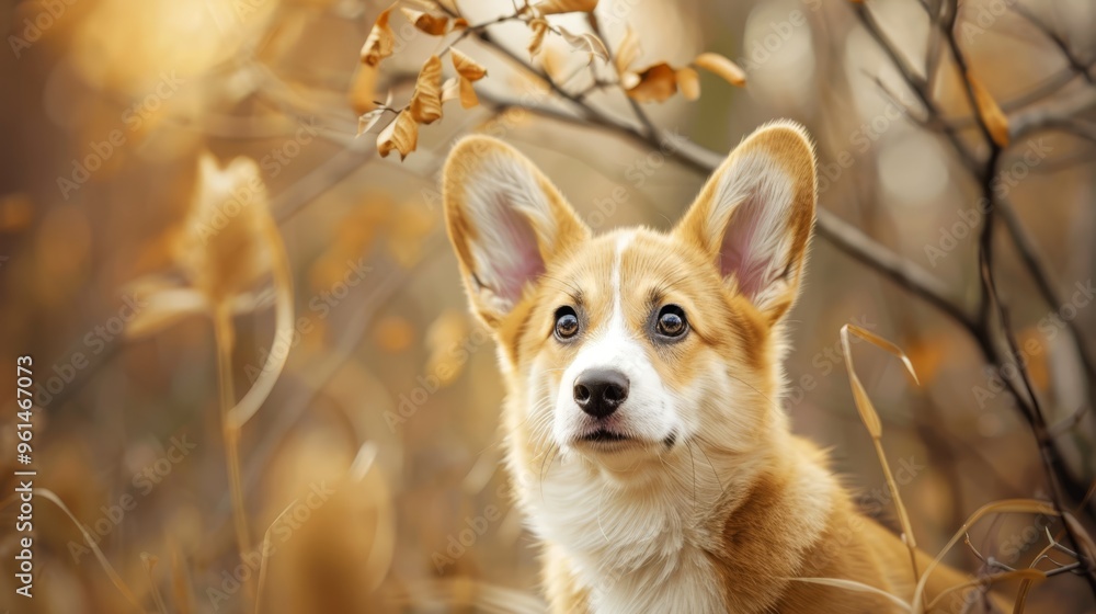 A tight shot of a dog amidst a lush field of grass In the backdrop, a solitary tree stands tall, while leaves pepper the foreground A tight shot of a dog amidst a lush field of grass In the backdrop, a solitary tree stands tall, while leaves pepper the foreground