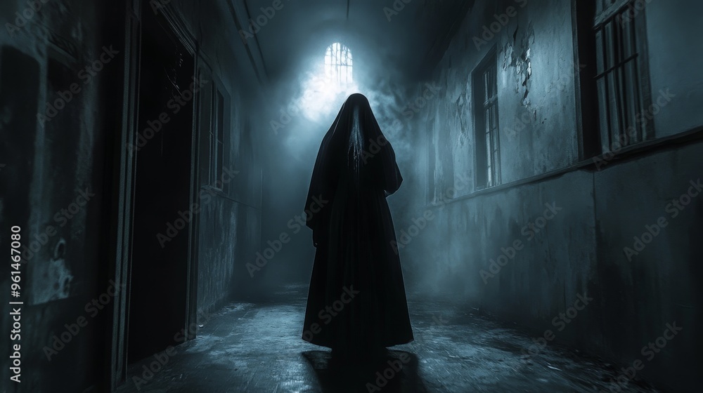 A nun in a black robe possessed by a demon. Eerie atmosphere A nun in a black robe possessed by a demon. Eerie atmosphere